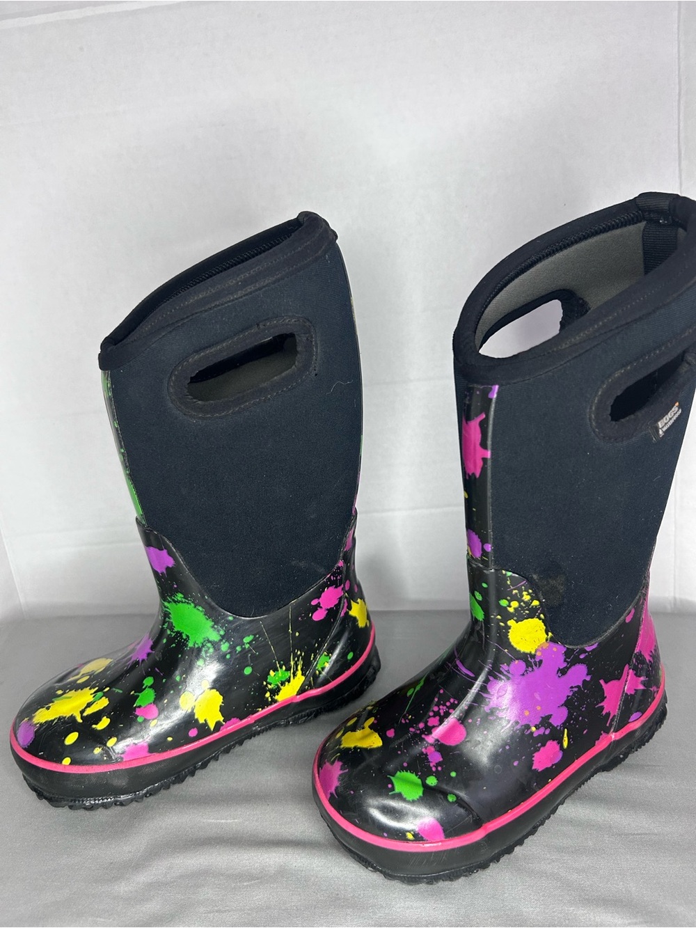 Bogs Youth Kids Black Splash-Print Rain Boots - Pink, Green & Yellow